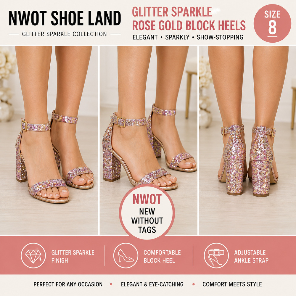 NWOT Shoe Land Glitter Sparkle Rose Gold Block Heel 8